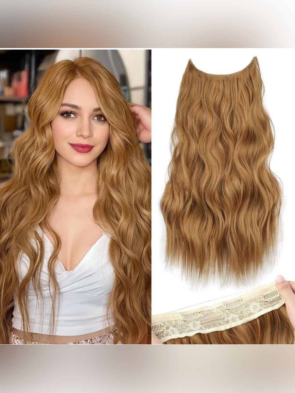 Invisible 20” Hair Wire Extensions W/Clips Sz 4 Long Wavy - Med. Reddish Blonde